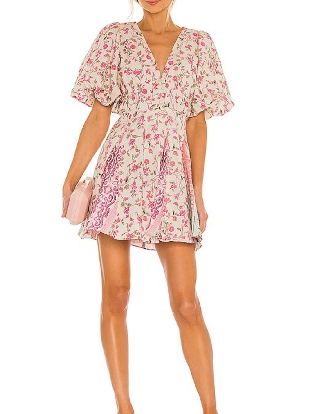 HEMANT & NANDITA Pink Floral V-Neck Mini Dress